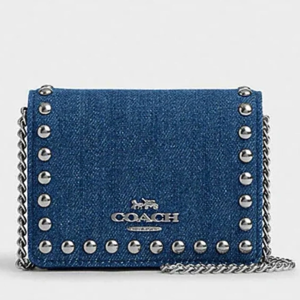 NWT Coach Denim/ Rivets Mini Wallet with Chain Strap